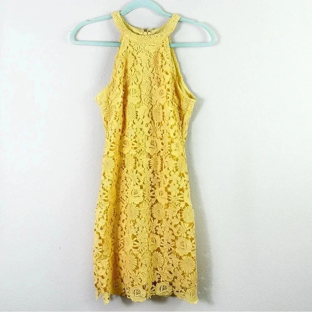 Lulus Love Poem Yellow Lace Eyelet Mini Dress Halter Neck size M - lined - Picture 6 of 16